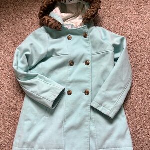Cat & Jack Mint Blue Double-Breasted Hooded Pea Coat with Faux-Fur Trim XL 14-16